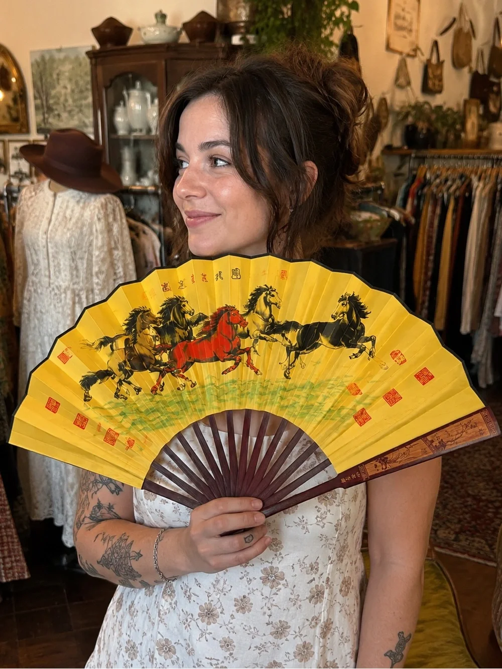 Vintage Chinese 8 Running Horses silk folding fan